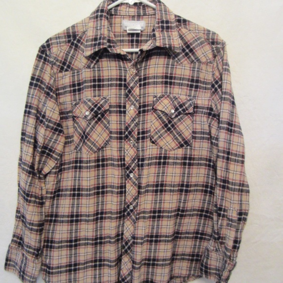 Wrangler Wrancher Brown Plaid Flannel Men's Large Long Sleeve Pearl Snap Shirt - Picture 1 of 4